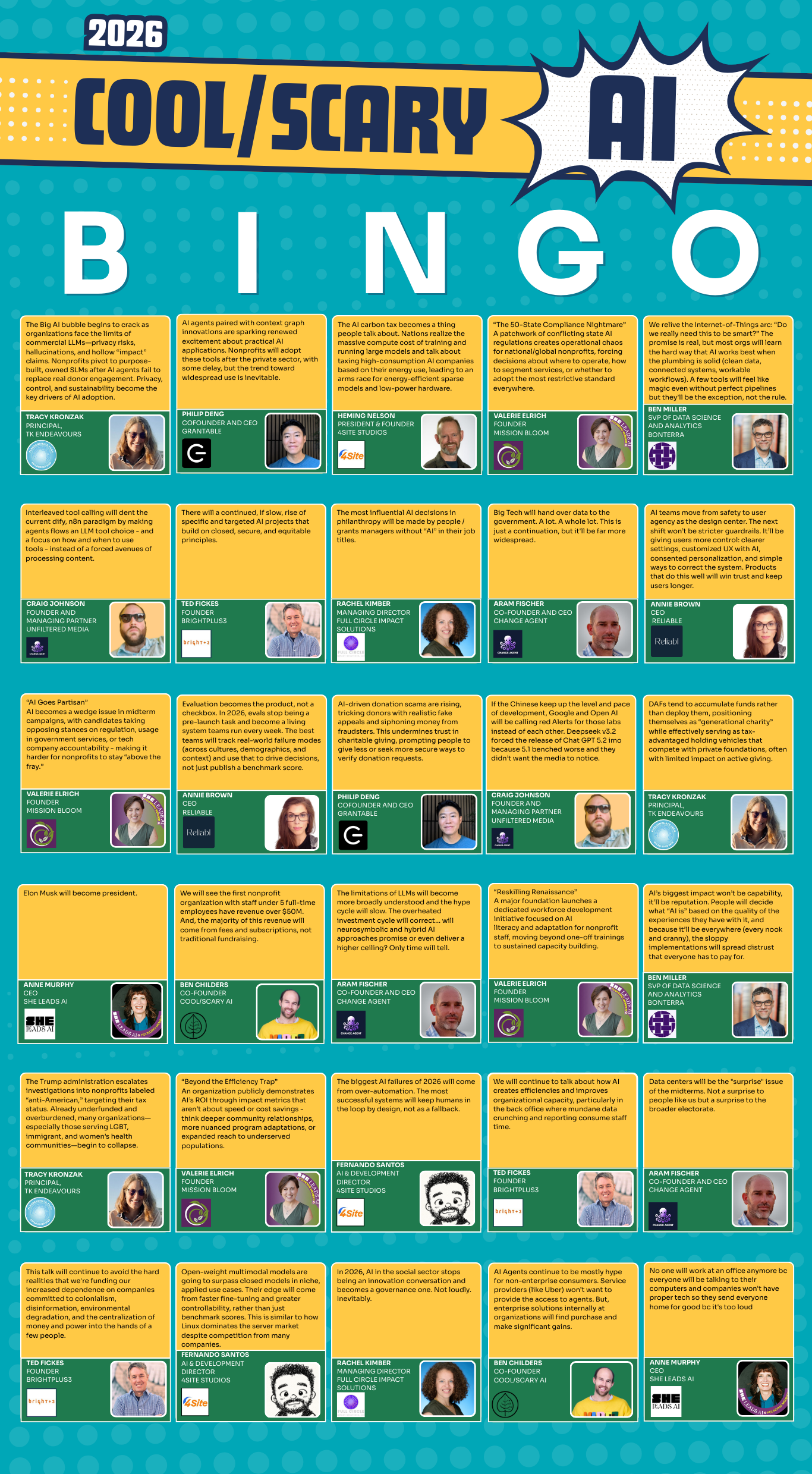 2026 Cool/Scary AI BINGO card featuring 25 predictions about AI from various contributors