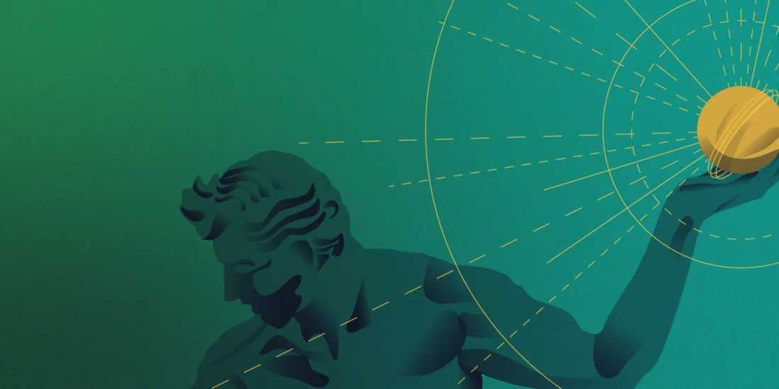 Teal and green gradient illustration of a reclining classical figure holding a glowing gold orb, with dashed gold lines radiating outward