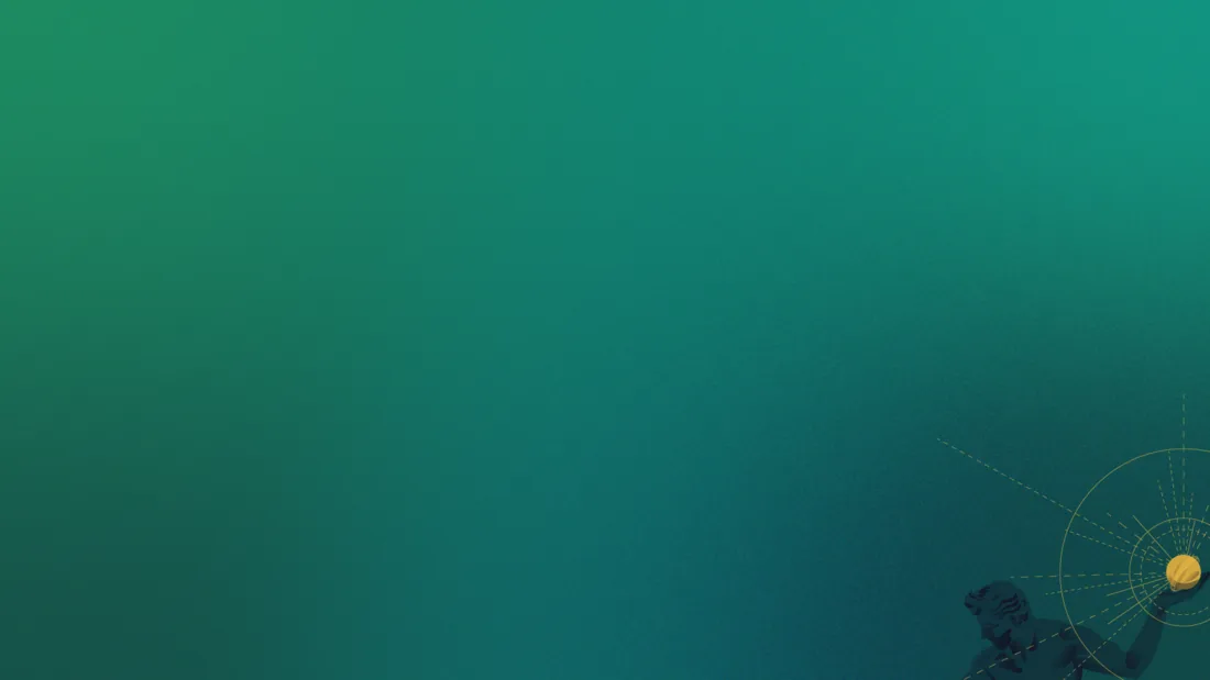 Wide green-to-teal gradient with the figure and orb small in the lower right corner, leaving open space for a title