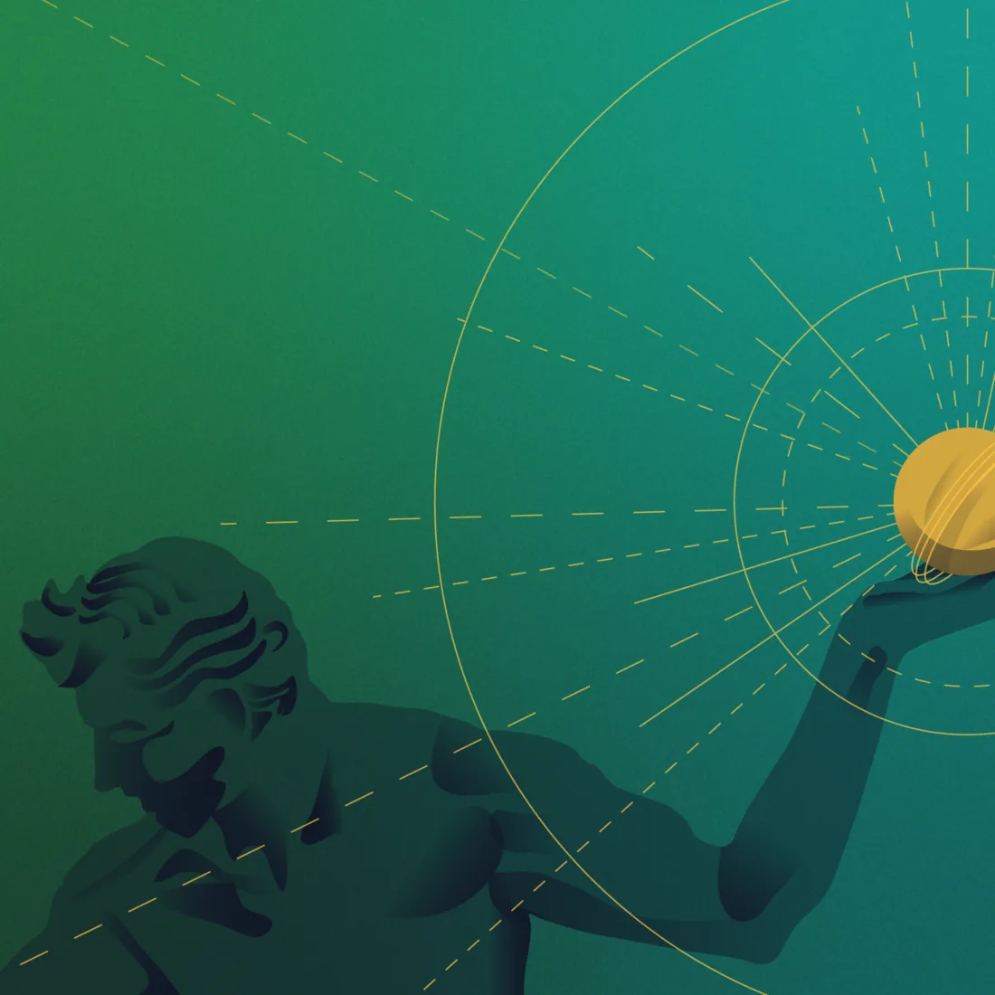 Square crop of the classical figure and glowing orb, dashed gold arcs fanning across a green-to-teal field