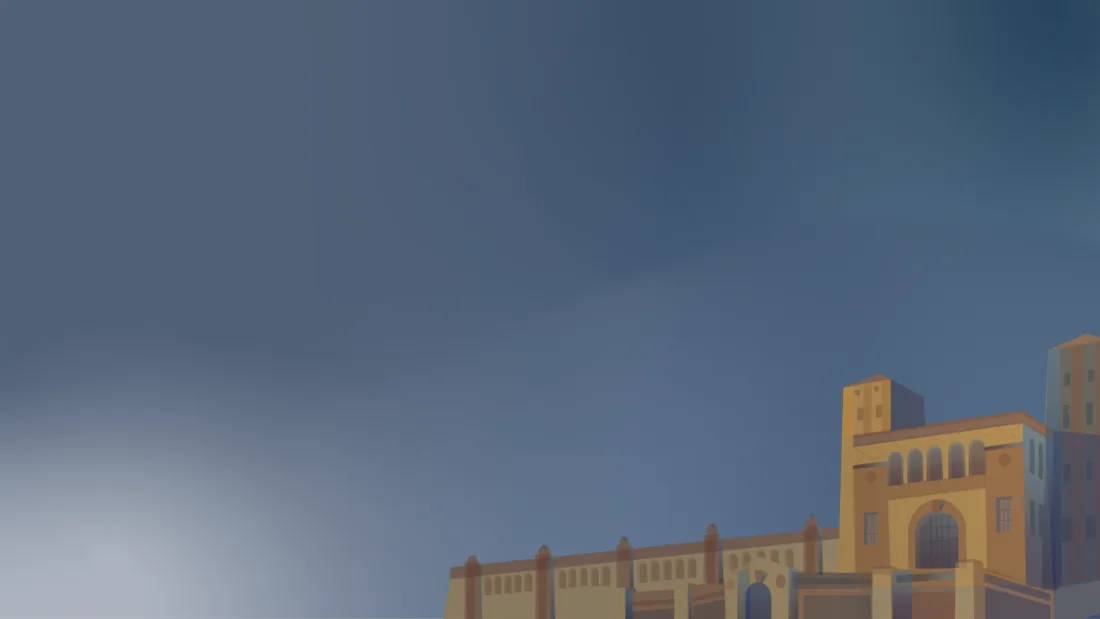 Wide hazy blue sky with the ochre rooftops pushed to the lower right, leaving open space for a title