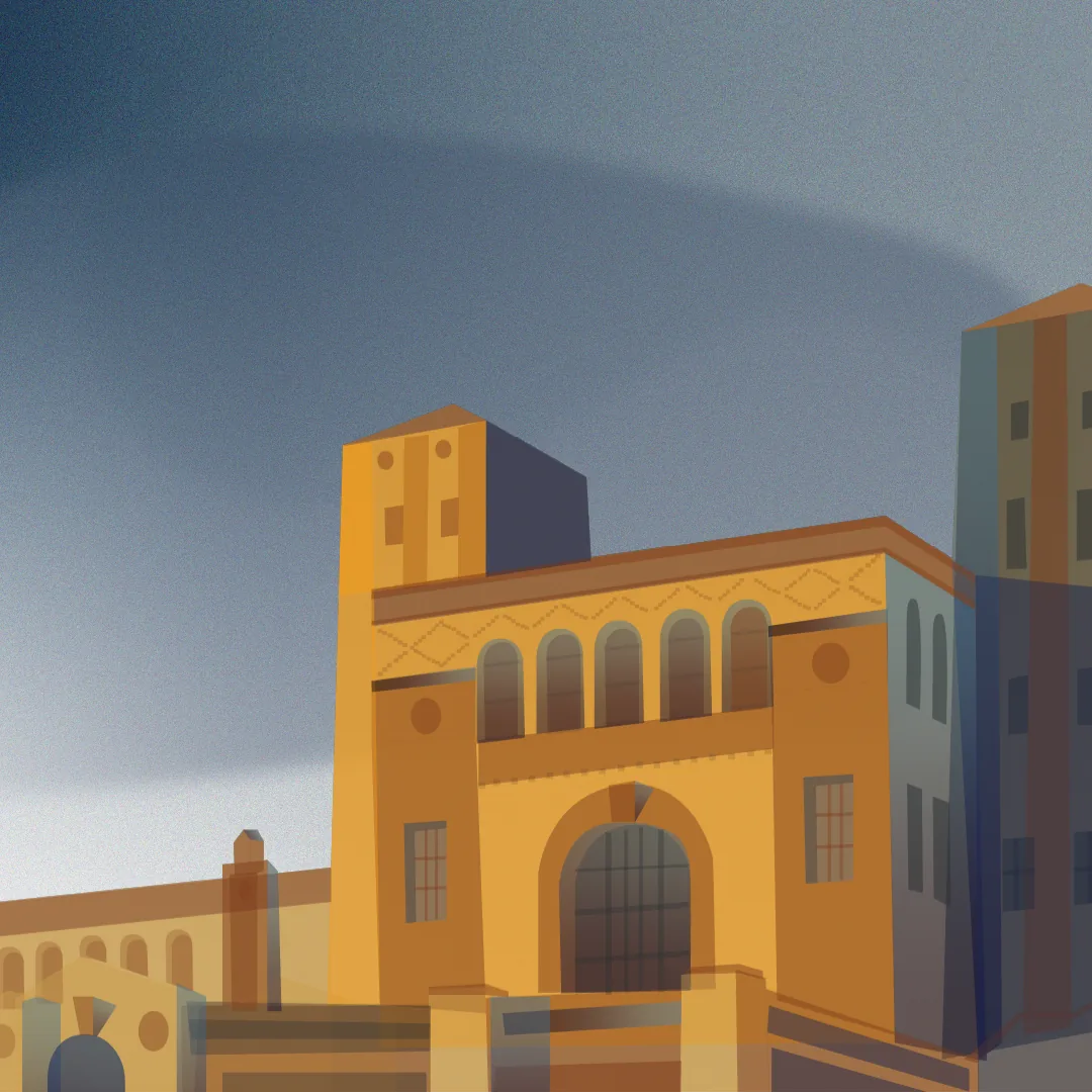 Square crop of the ochre brick facade and its arcade of arched windows against a dark blue sky