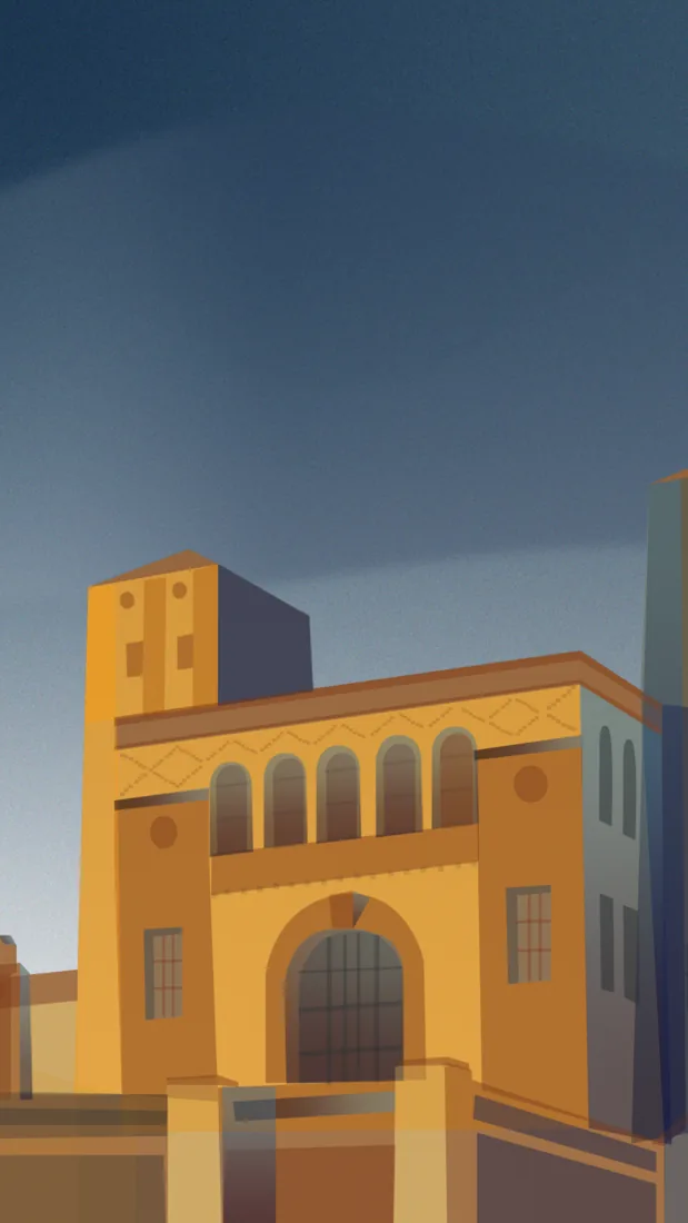 Tall crop of the illustrated streetscape, the building low in the frame under a wide expanse of blue-grey sky