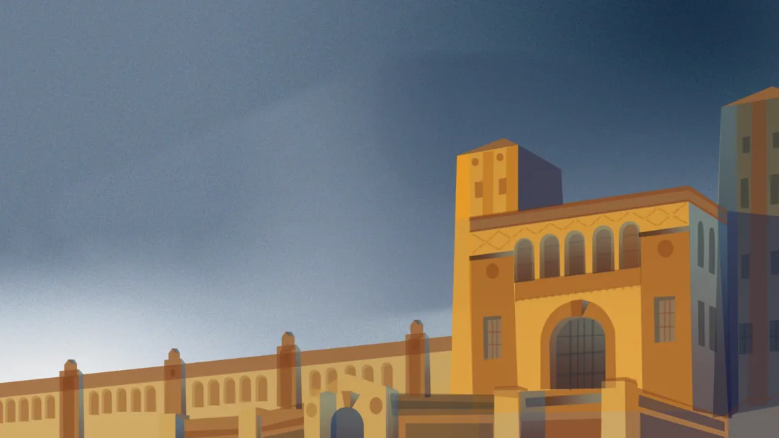 Illustrated Toronto streetscape of ochre brick buildings with arched windows beneath a heavy blue-grey sky